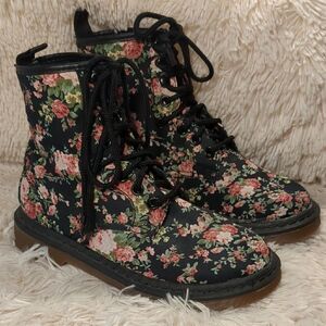 Black and Pink Floral Combat Boots, Size 36
